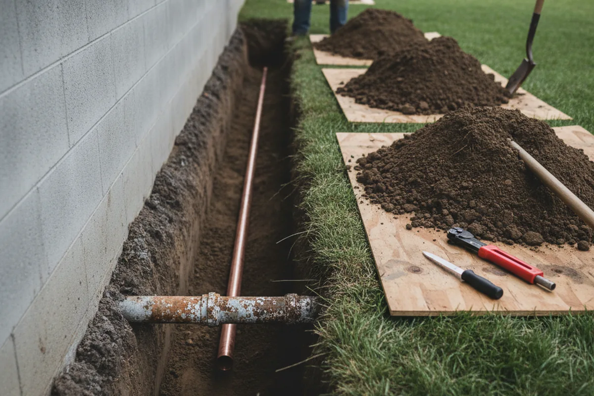 Excavated water line trench during Water Softener Installation in Greenlawn